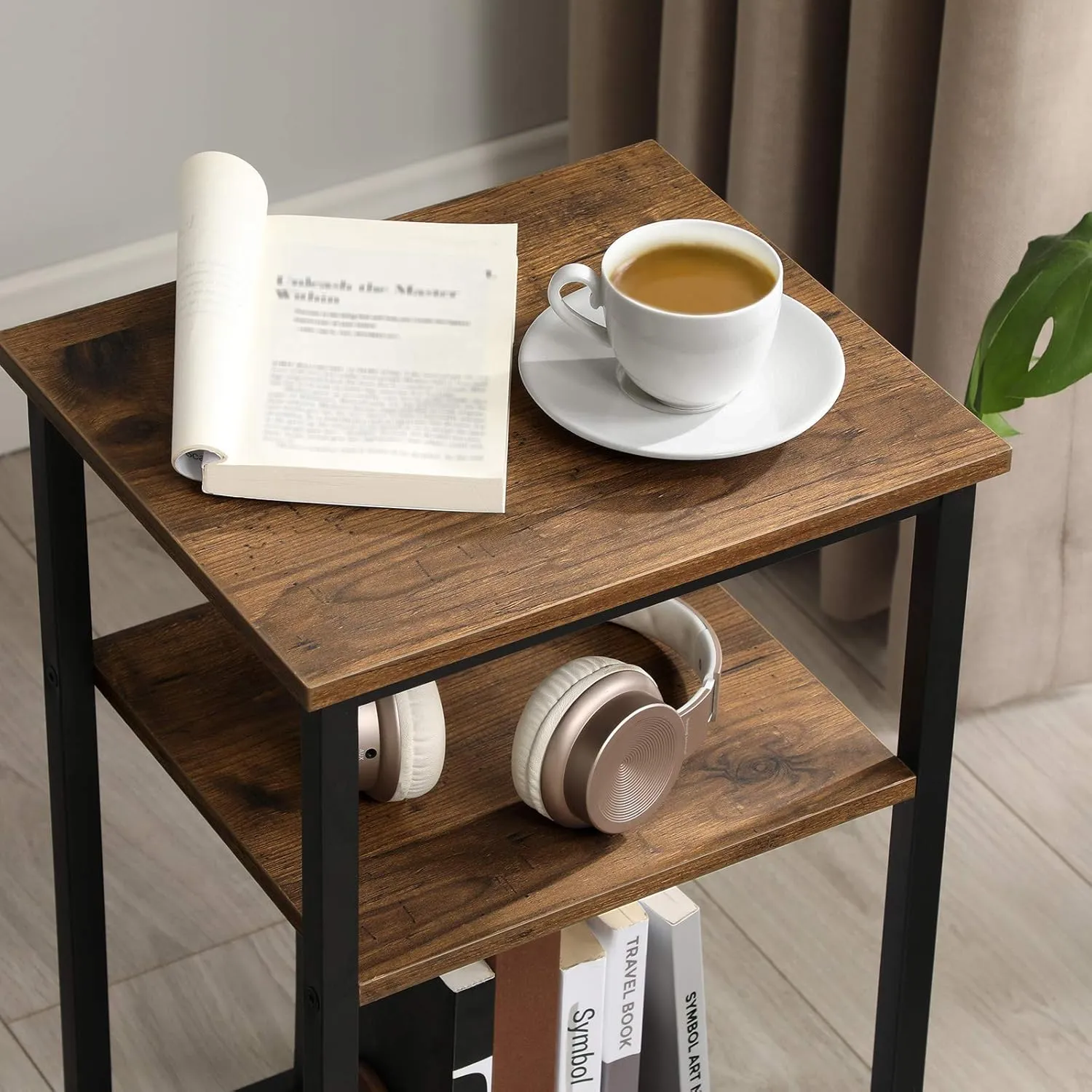 VASAGLE End Table Set of 2, 3-Tier Nightstands, Side Table for Small Space in Living Room, Bedroom, Steel Frame, Easy Assembly, 2-Pack, Chestnut Brown