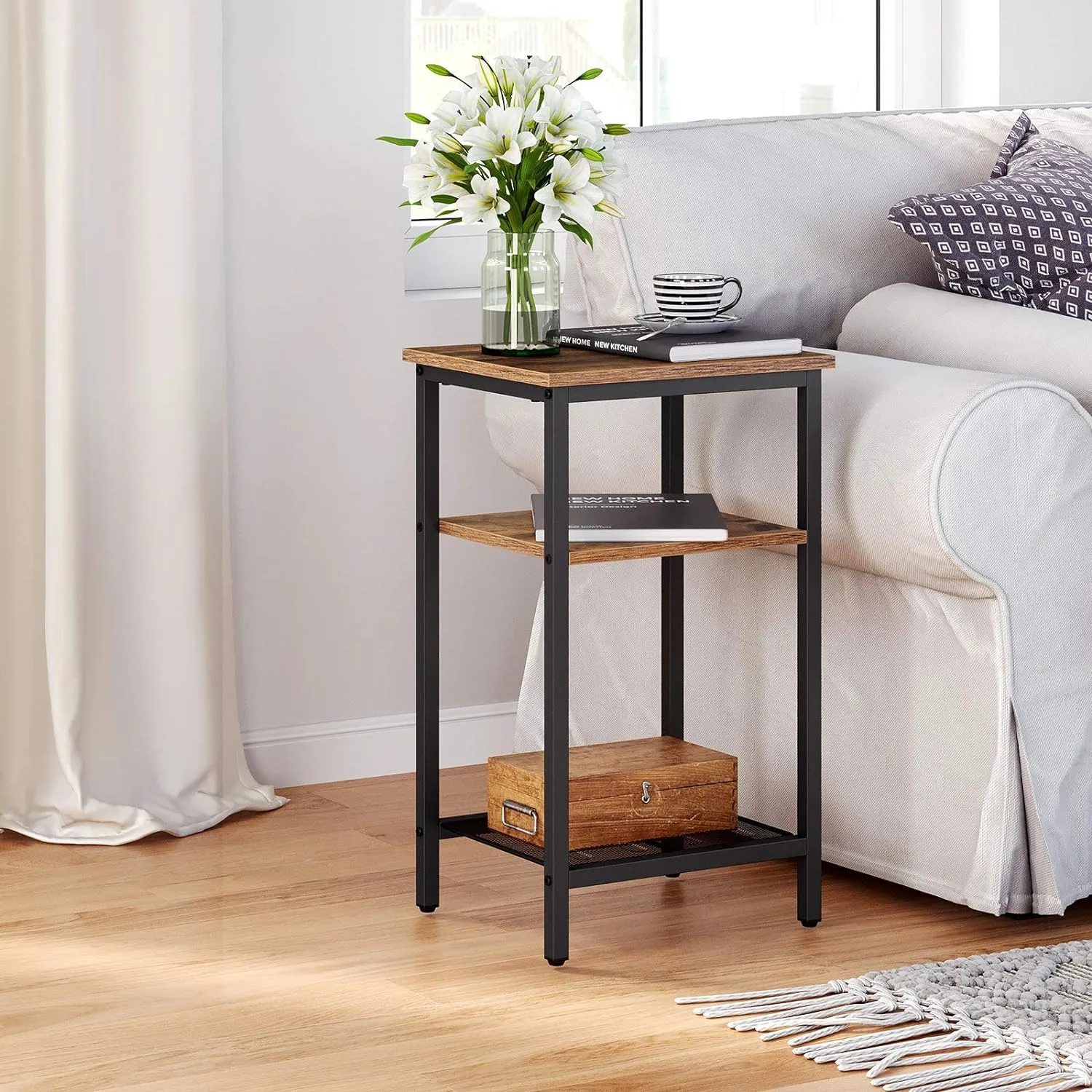 VASAGLE End Table Set of 2, 3-Tier Nightstands, Side Table for Small Space in Living Room, Bedroom, Steel Frame, Easy Assembly, 2-Pack, Chestnut Brown