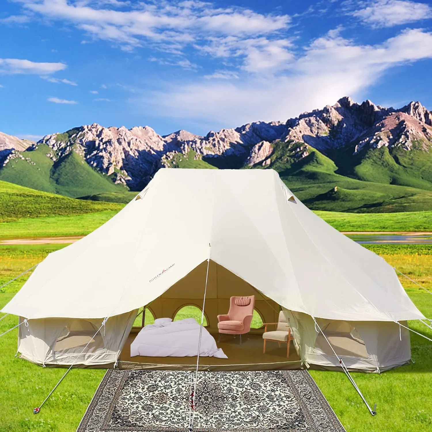 VEVOR 4 Season Canvas Bell Tent, Breathable 100% Cotton Canvas Yurt Tents - w/Stove Jack, Luxury Glamping Tent Waterproof Canvas Tents for Family Camping Outdoor Hunting Party