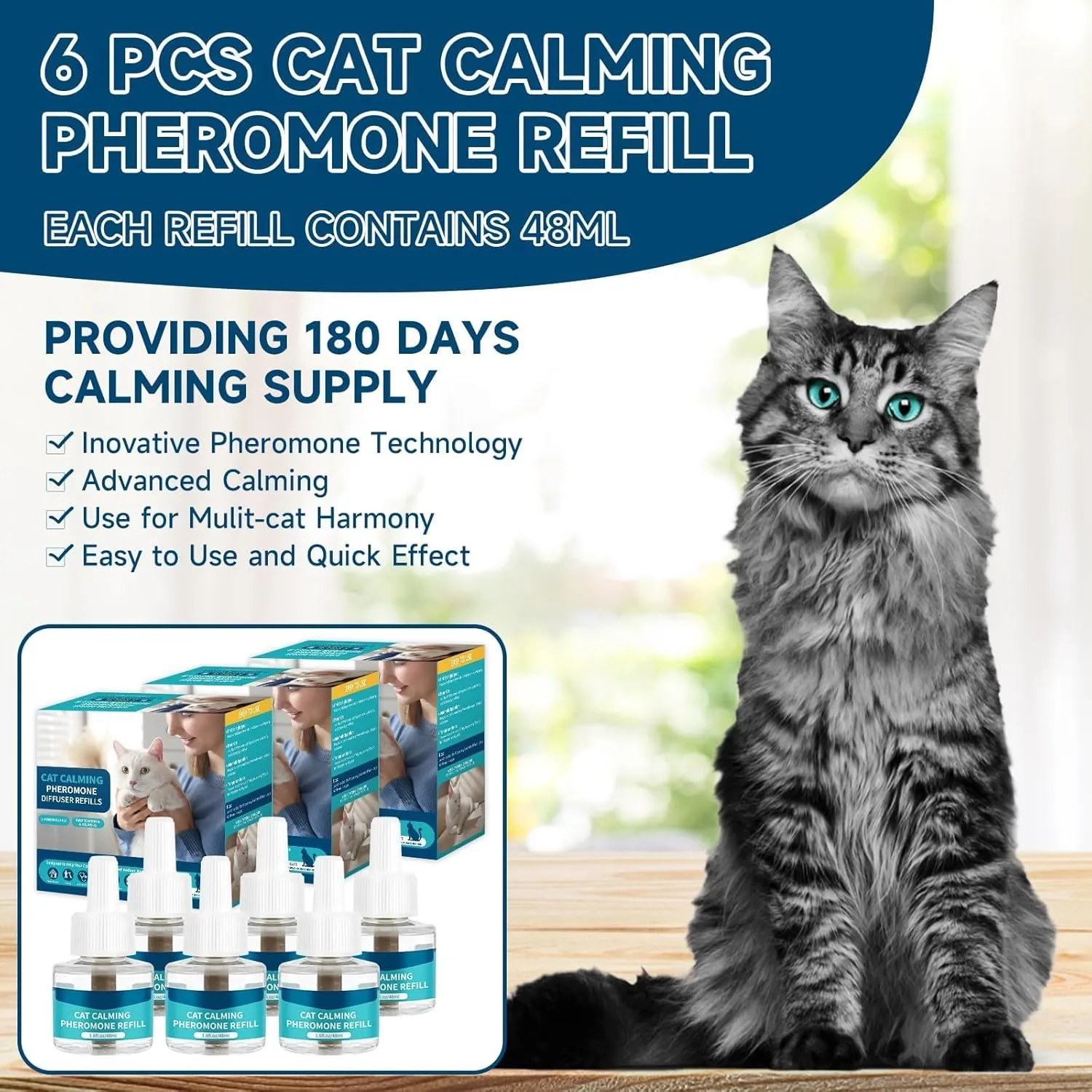 VICSOM Cat Calming Diffuser Refills Kit, Cat Pheromones Calming Refill, 180 Days Anti Anxiety Relief Stress Long Calm Effect, 48ml Fit All Common Diffusers Plug in, 6 Pack