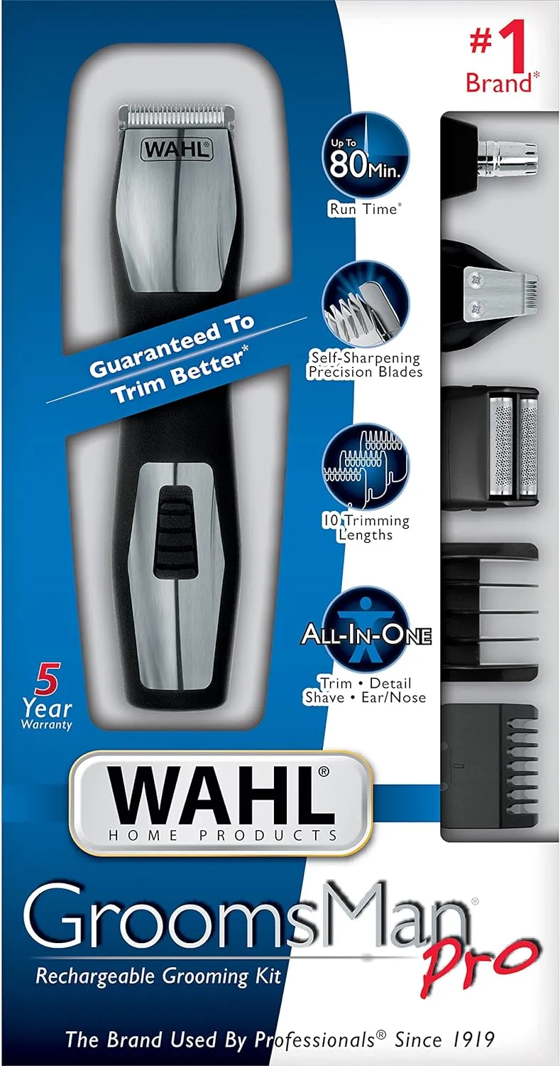 Wahl 9855-300 Groomsman Pro All-in-one Rechargeable Grooming Kit, Black/Silver