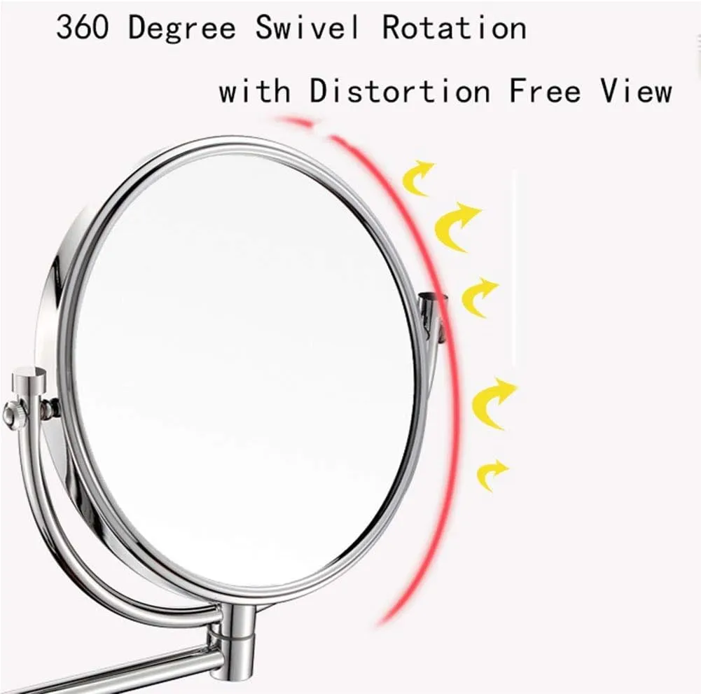 Wall Mounted Makeup Mirror with Magnification, 8 Inch Double Sided Vanity Magnifying Vanity Mirror, Two-Sided Extendable, 360 Degree Swivel, No Light, for Bathroom Vanity, Round Shape(10x)