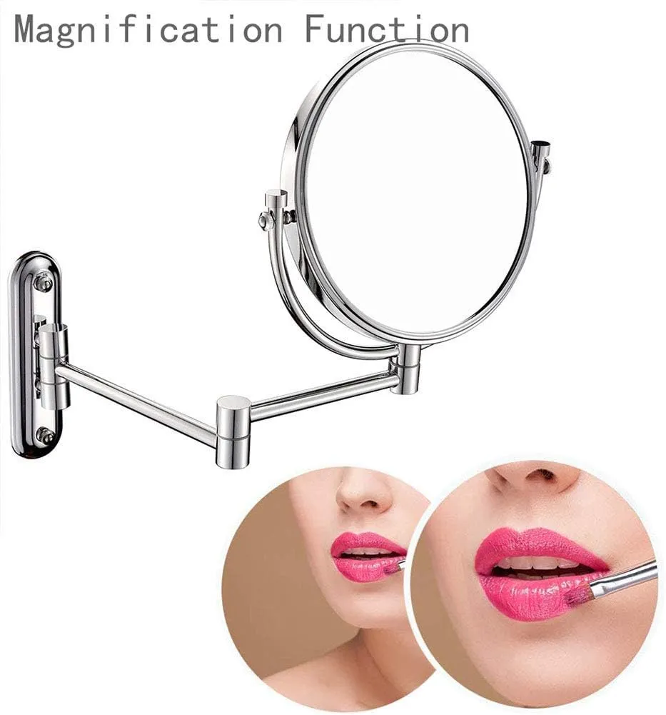 Wall Mounted Makeup Mirror with Magnification, 8 Inch Double Sided Vanity Magnifying Vanity Mirror, Two-Sided Extendable, 360 Degree Swivel, No Light, for Bathroom Vanity, Round Shape(10x)