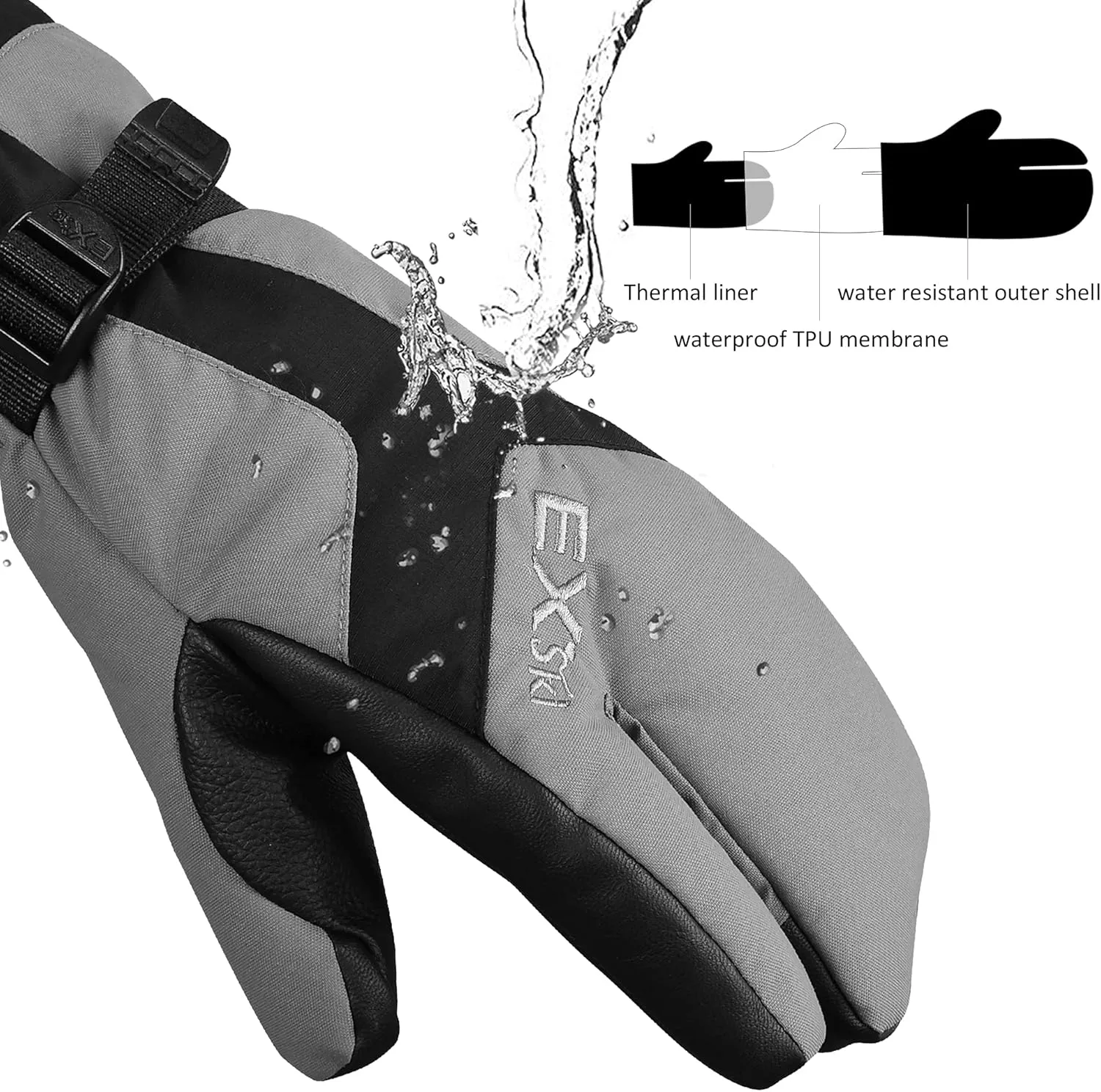 Waterproof Winter 3-Finger Ski Gloves Warm Insulated Snow Mittens for Cold Weather Snowboard Snowmobile