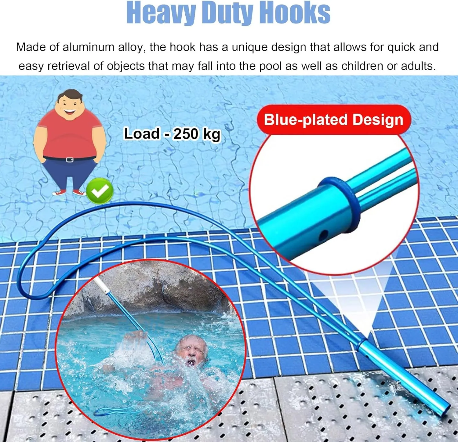 WDJBPSH Telescoping Aluminum Pole for Brush/Fishing Net/Hooks, Commercial Emergency Life-Saving Tools with Non-Slip Handle, Swimming Pools Safety Rescue Hook Kit(Hooks)