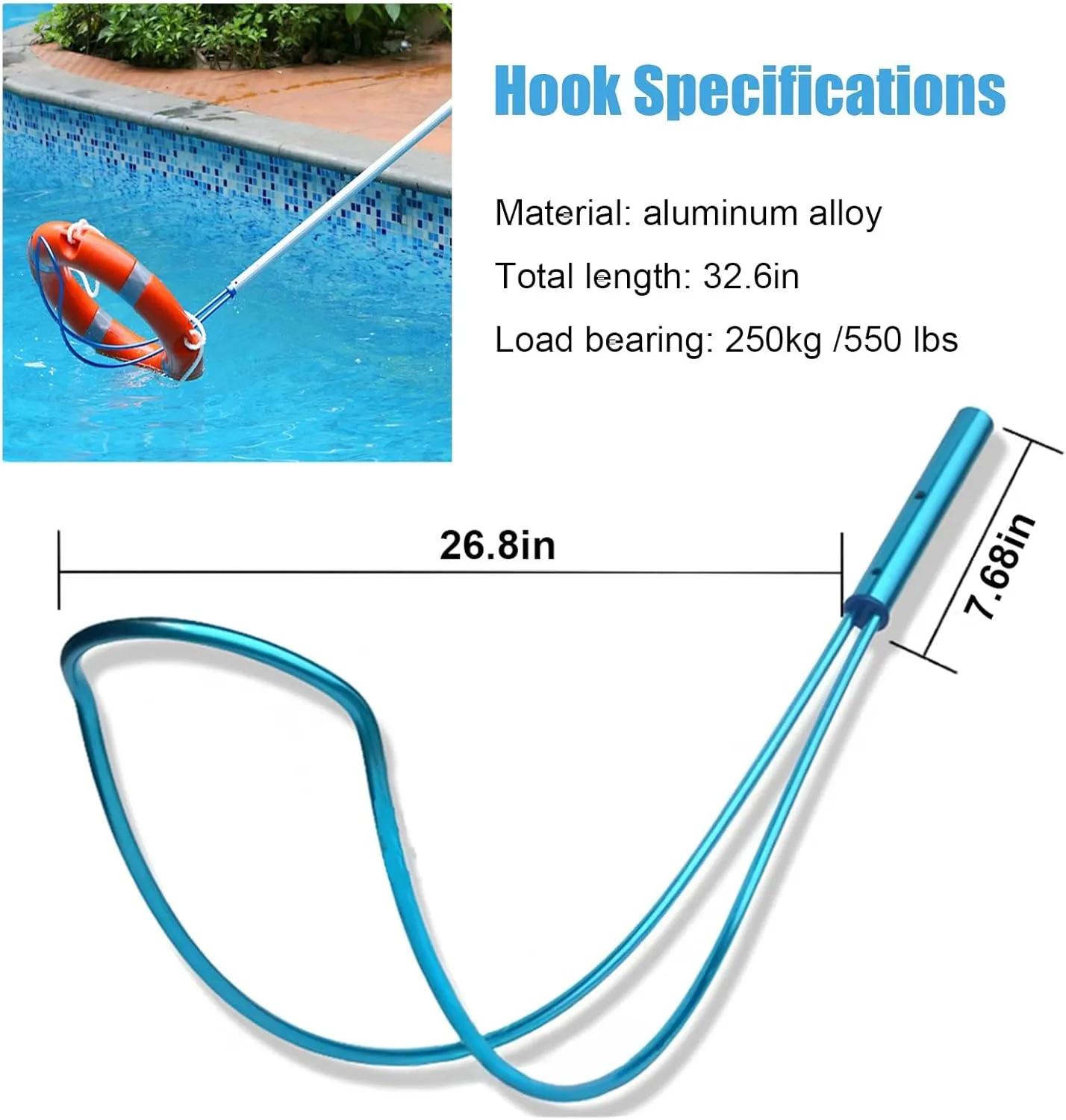 WDJBPSH Telescoping Aluminum Pole for Brush/Fishing Net/Hooks, Commercial Emergency Life-Saving Tools with Non-Slip Handle, Swimming Pools Safety Rescue Hook Kit(Hooks)