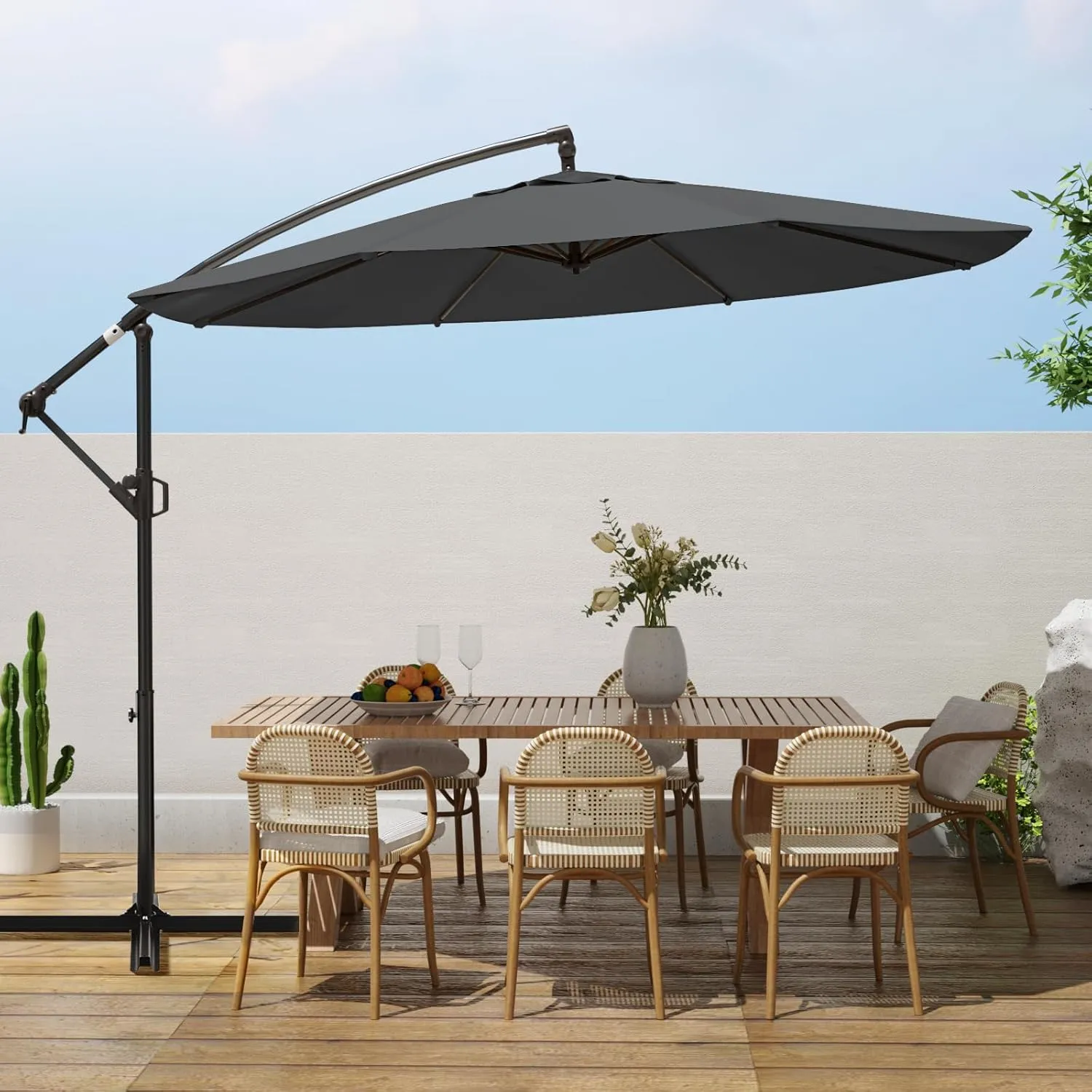 wikiwiki 10ft Patio Umbrellas Offset Outdoor Umbrella Cantilever Hanging Umbrellas w/Infinite Tilt, Fade Resistant Waterproof RECYCLED FABRIC Canopy & Cross Base, for Yard, Garden & Deck, Dark Gray