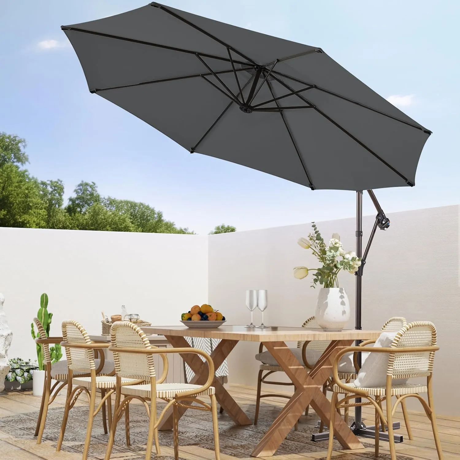 wikiwiki 10ft Patio Umbrellas Offset Outdoor Umbrella Cantilever Hanging Umbrellas w/Infinite Tilt, Fade Resistant Waterproof RECYCLED FABRIC Canopy & Cross Base, for Yard, Garden & Deck, Dark Gray