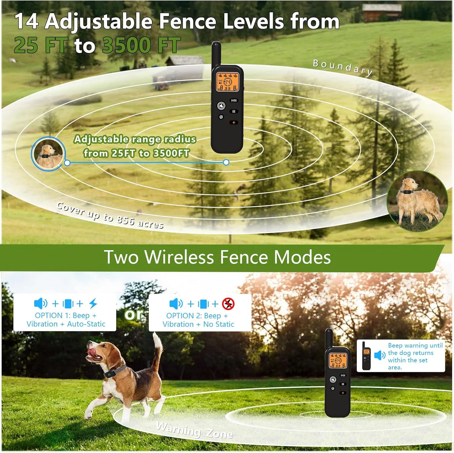 Wireless Dog Fence System for 2 Dogs 856 Acre Electric Fences for Dogs Training Collar with Remote Shock Ultrasonic Trainer Waterproof Portable Outdoor Pet Containment System with 2 Collars