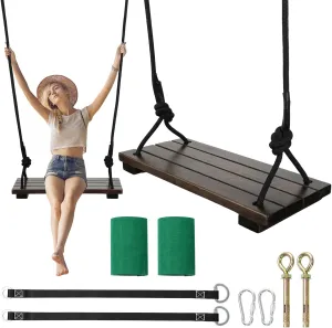 Wooden Swing Seat, 17.72" x 7.87" Hanging Tree Swing for Adults Kids with 440lbs Load, Adjustable Rope with 118 inch Tree Straps for Playgroud, Garden