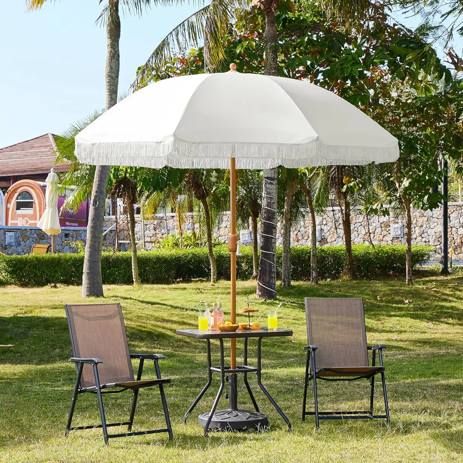 Yaheetech 7.5ft Patio Umbrella with Tassels, Fringe Portable Beach Umbrella, Umbrella Outdoor Patio with Crank Operating Mechanism, Tilting Aluminum Pole, Fiberglass Ribs For Garden, Pool, Cream