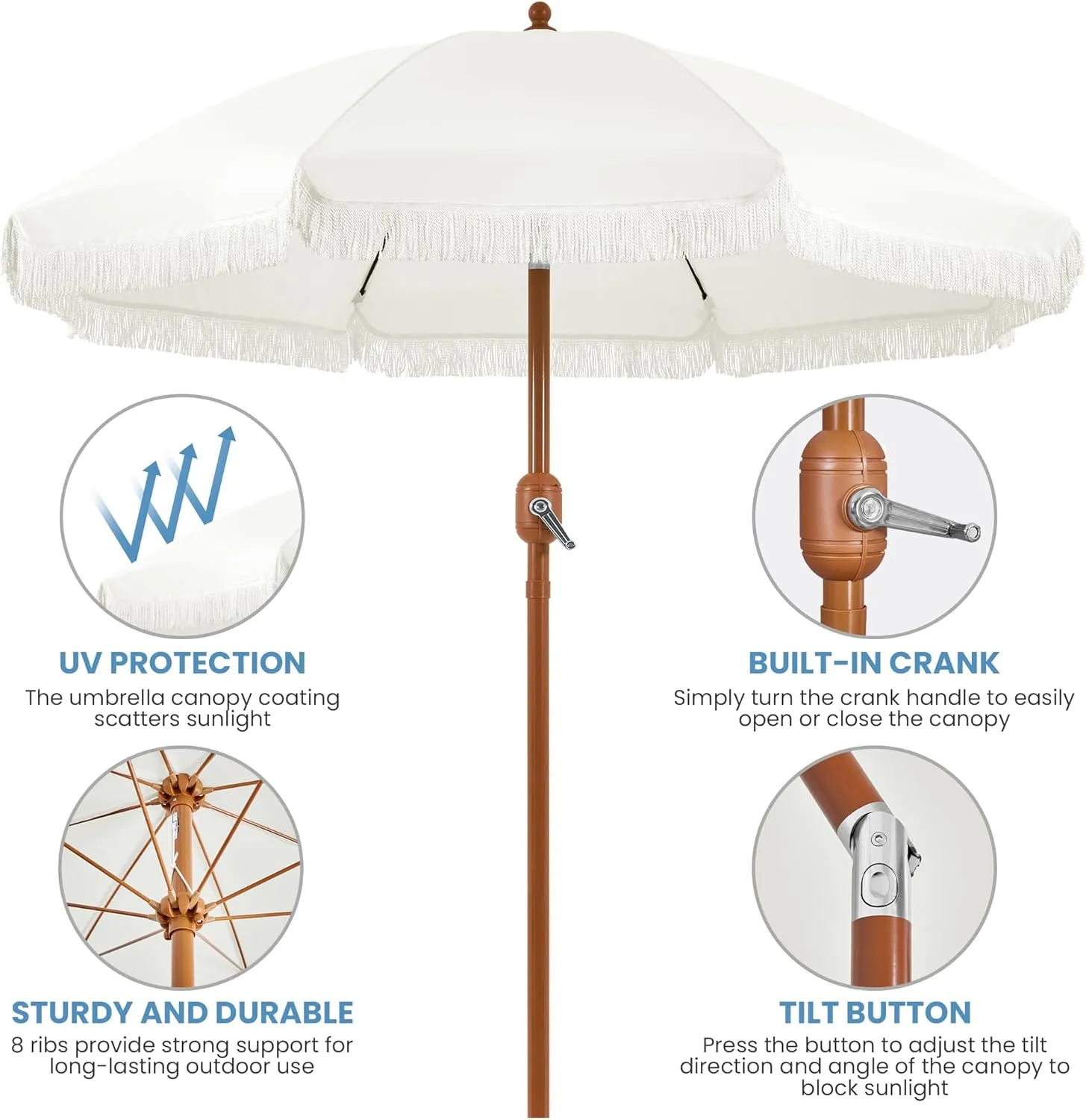 Yaheetech 7.5ft Patio Umbrella with Tassels, Fringe Portable Beach Umbrella, Umbrella Outdoor Patio with Crank Operating Mechanism, Tilting Aluminum Pole, Fiberglass Ribs For Garden, Pool, Cream