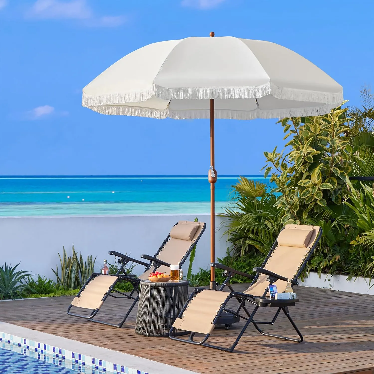 Yaheetech 7.5ft Patio Umbrella with Tassels, Fringe Portable Beach Umbrella, Umbrella Outdoor Patio with Crank Operating Mechanism, Tilting Aluminum Pole, Fiberglass Ribs For Garden, Pool, Cream