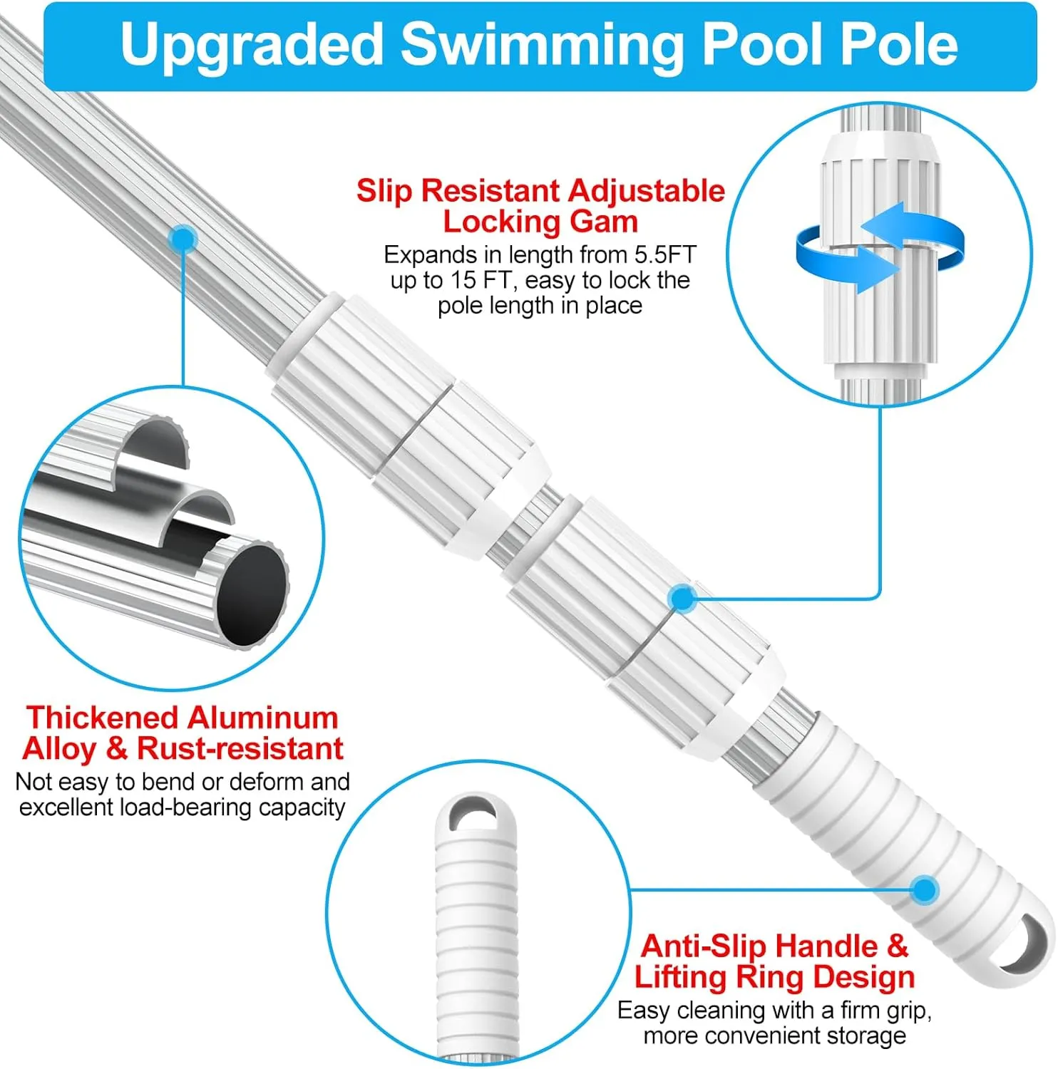 YEECHUN Professional 15 Foot Swimming Pool Pole Telescopic Aluminum Fits Pool Net Skimmer Rake Vacuum Head Brush Cleaning Equipment Heavy Duty,for Skimmer Nets, Vacuum Heads and Brushes