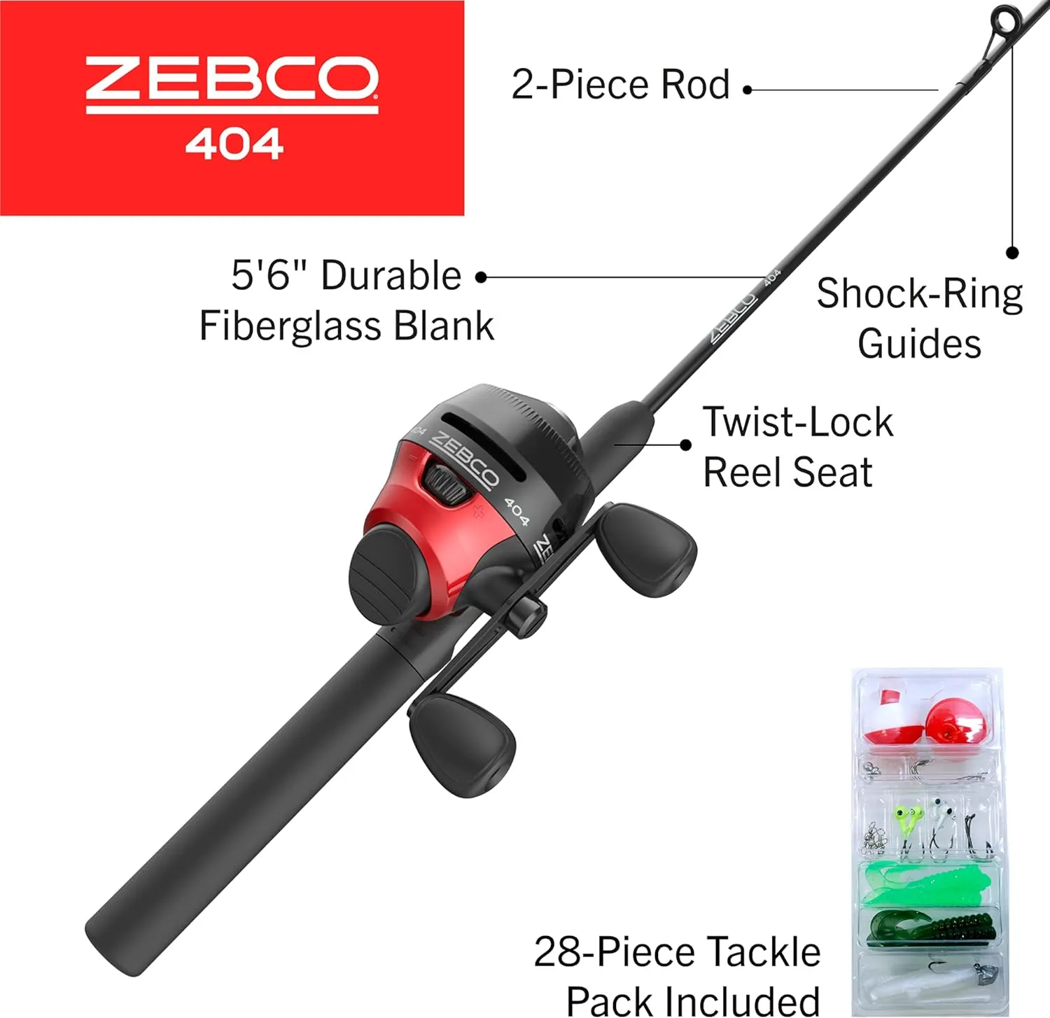 Zebco 404 Spincast Reel and 2-Piece Fishing Rod Combo, Durable Fiberglass Rod with EVA Handle, QuickSet Anti-Reverse Reel with Built-In Bite Alert, Pre-Spooled