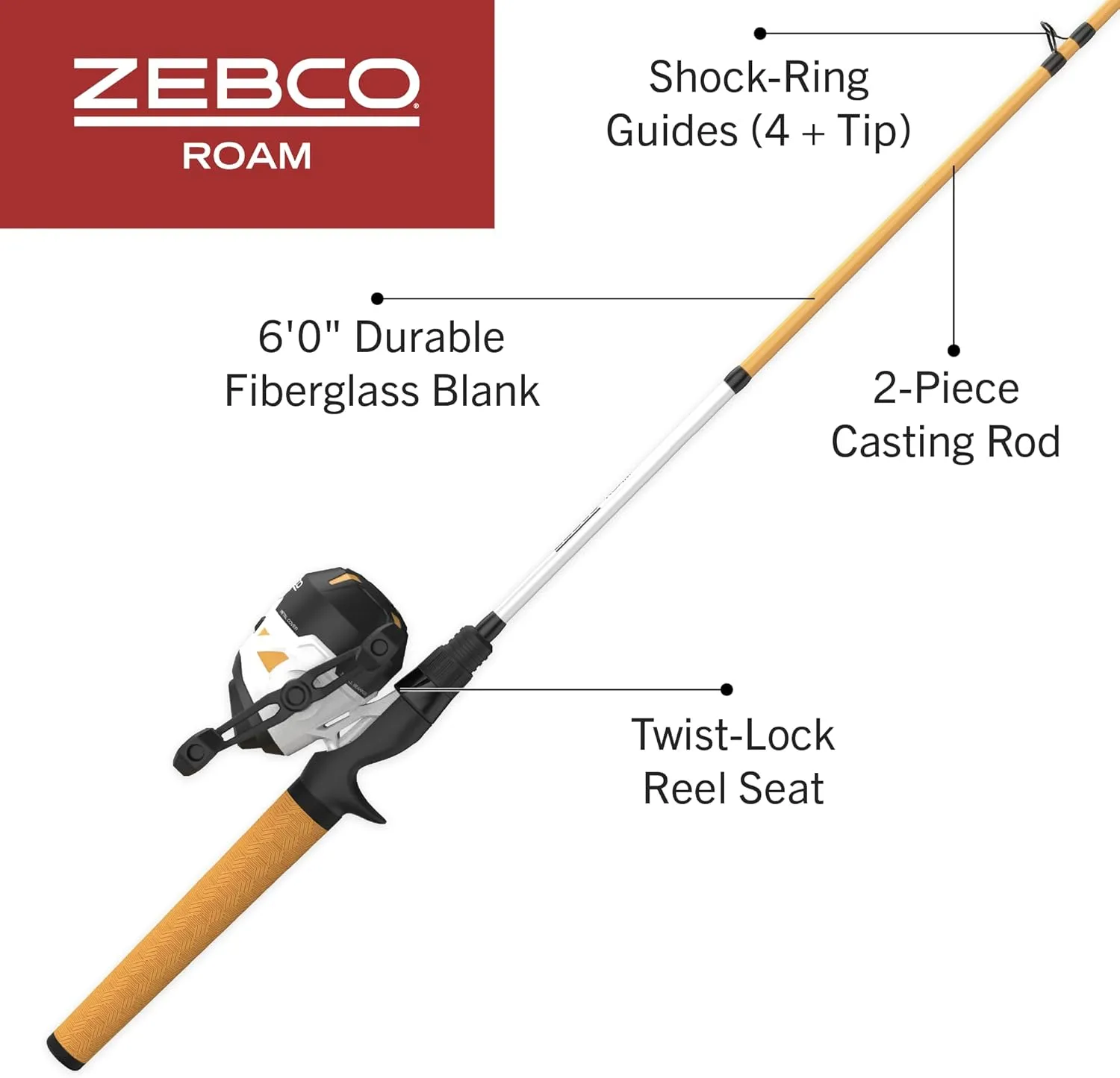 Zebco Roam Spincast Reel and Fishing Rod Combo, 6-Foot 2-Piece Fiberglass Fishing Pole with ComfortGrip Handle