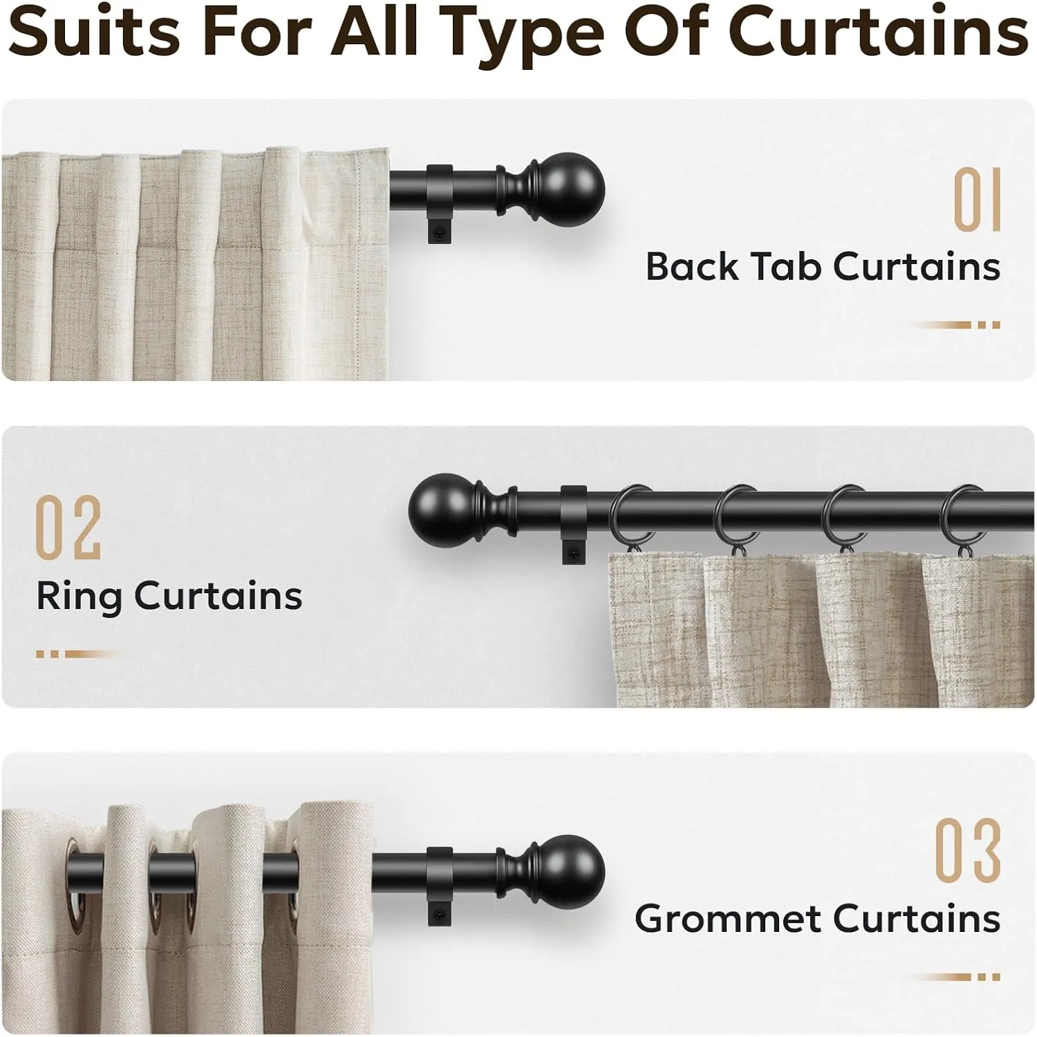 Zeerobee Curtain Rods for Windows 66 to 120, Adjustable Heavy Duty Wrap Around 1 Inch Curtain Rod, Outdoor Indoor Room Divider Modern Drapery Pole, Black, 32-120"