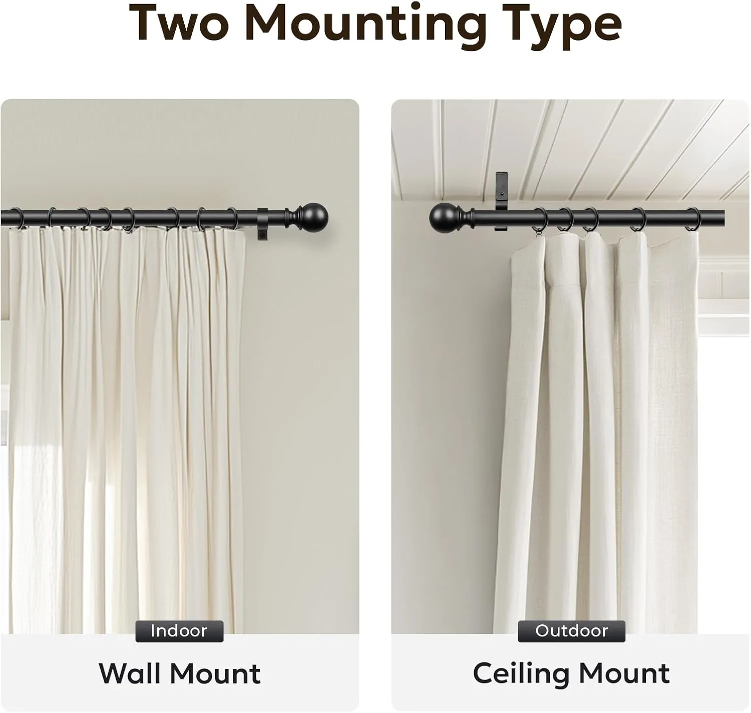 Zeerobee Curtain Rods for Windows 66 to 120, Adjustable Heavy Duty Wrap Around 1 Inch Curtain Rod, Outdoor Indoor Room Divider Modern Drapery Pole, Black, 32-120"
