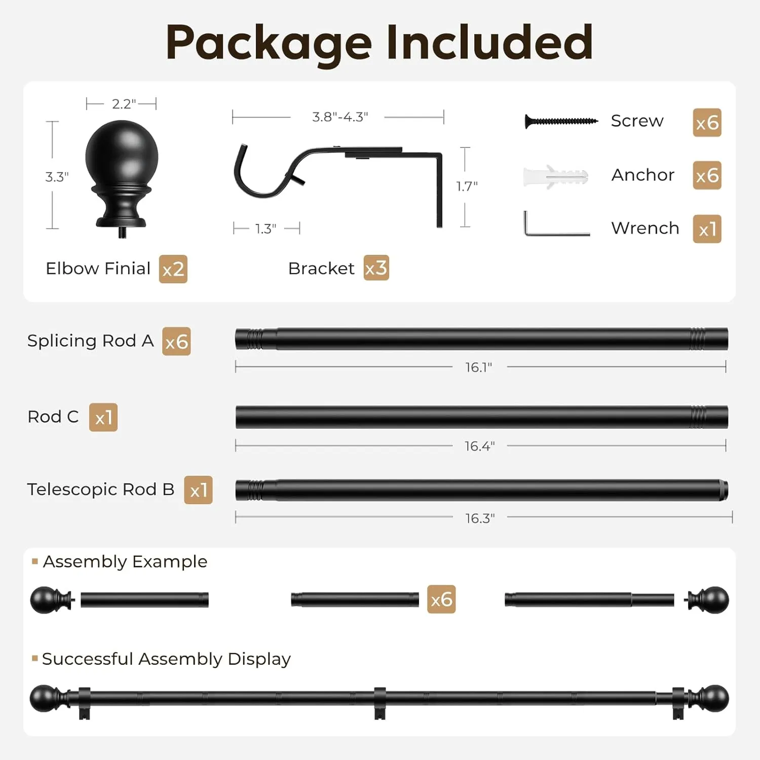 Zeerobee Curtain Rods for Windows 66 to 120, Adjustable Heavy Duty Wrap Around 1 Inch Curtain Rod, Outdoor Indoor Room Divider Modern Drapery Pole, Black, 32-120"