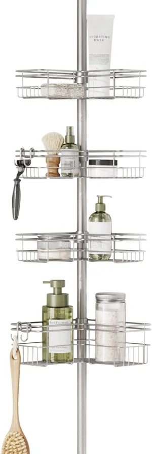 Zenna Home Tension Pole Shower Caddy, Adjustable Corner Shower Storage System with 4 L-shaped Baskets and Hooks, Rust-Resistant Bathroom Organization Solution, 60 to 97 Inch, Satin Nickel