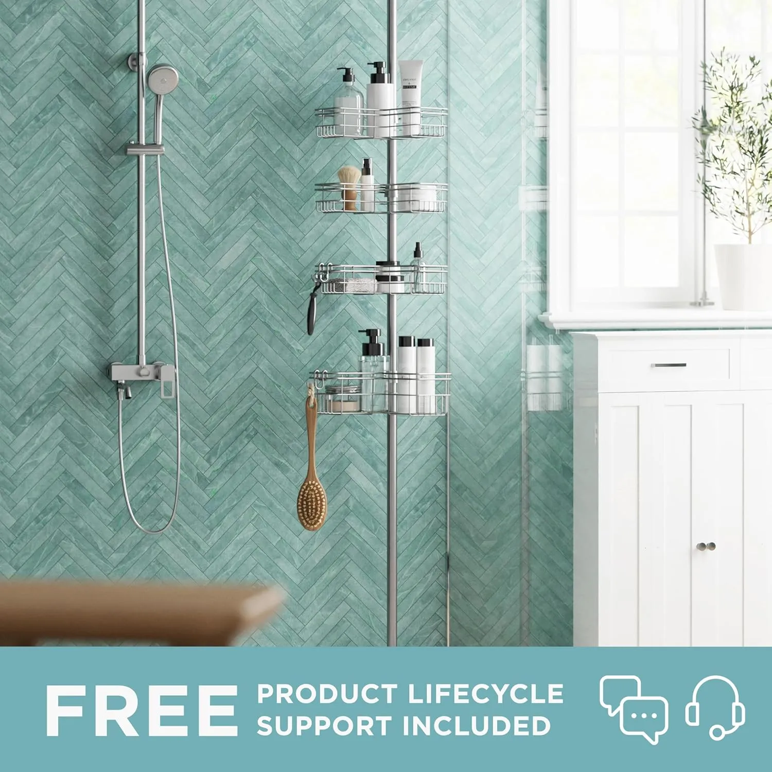 Zenna Home Tension Pole Shower Caddy, Adjustable Corner Shower Storage System with 4 L-shaped Baskets and Hooks, Rust-Resistant Bathroom Organization Solution, 60 to 97 Inch, Satin Nickel
