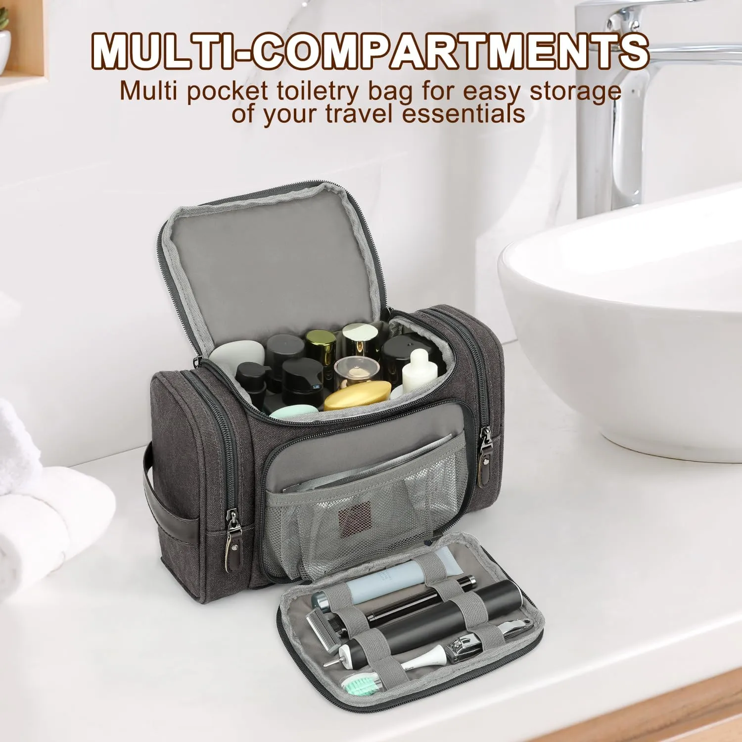 ZOMFELT Travel Toiletry Bag for Men, Water-Resistant Canvas Dopp Kit with Wet Compartments, Multi-Pocket Organizer for Shaving Kit, Gym Essentials and Toiletries Accessories, Grey
