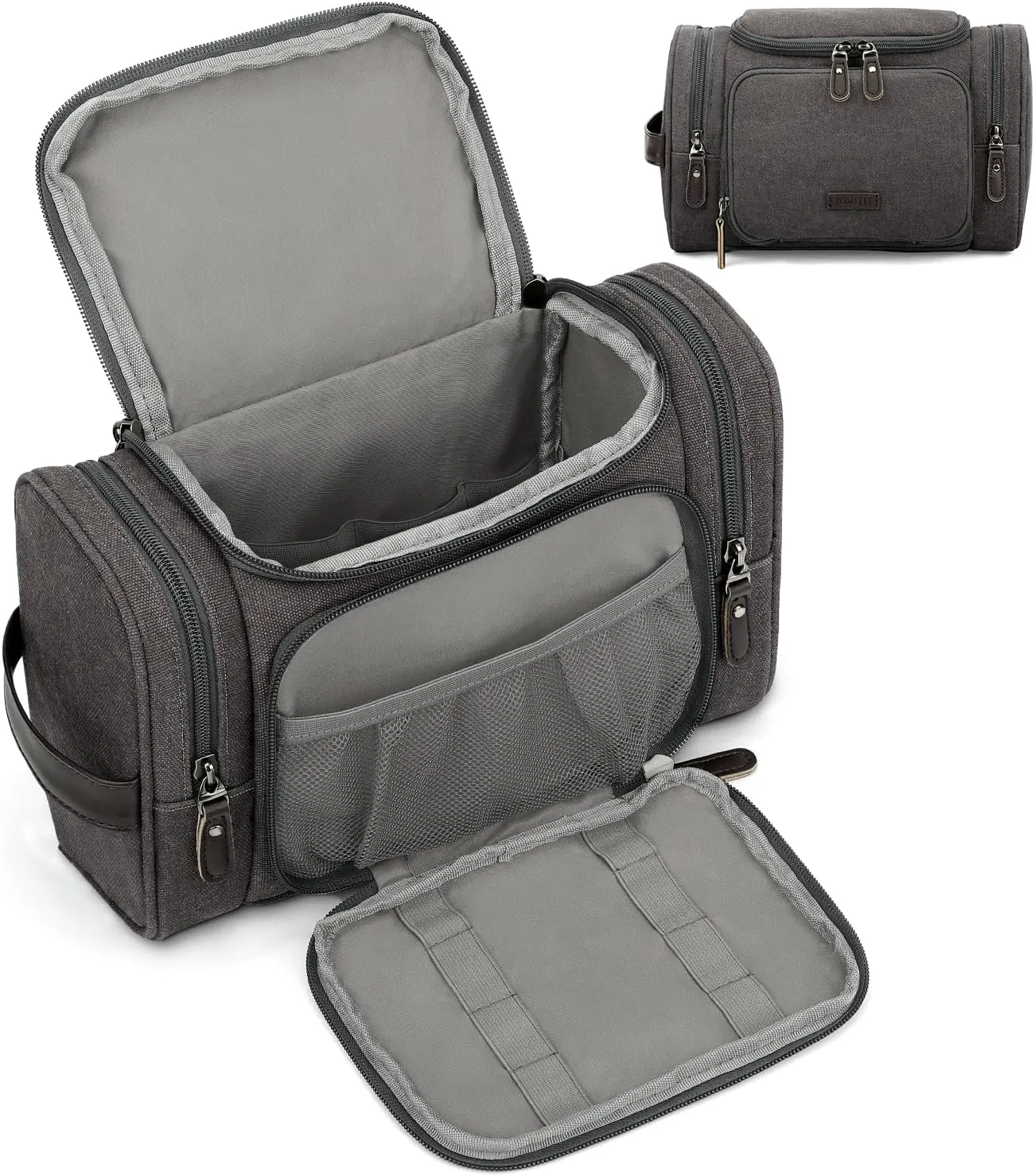 ZOMFELT Travel Toiletry Bag for Men, Water-Resistant Canvas Dopp Kit with Wet Compartments, Multi-Pocket Organizer for Shaving Kit, Gym Essentials and Toiletries Accessories, Grey