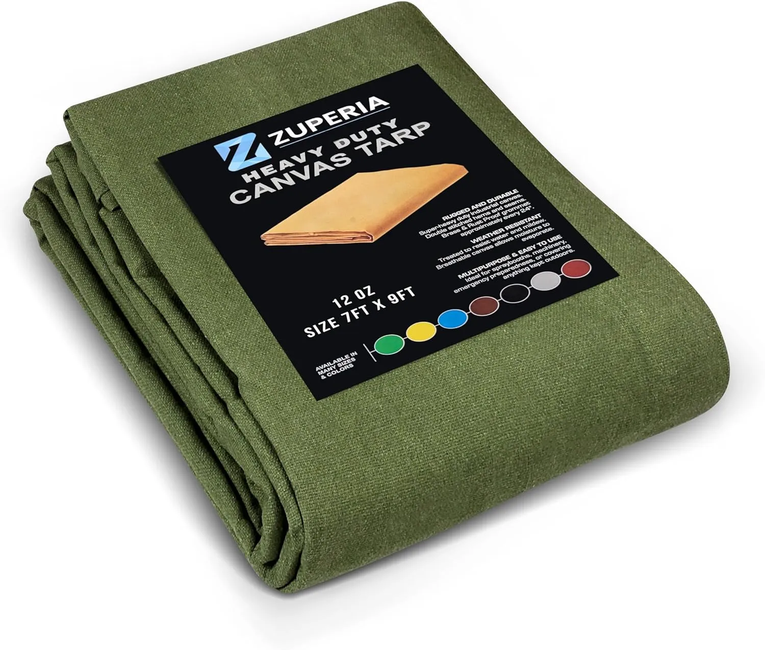 Zuperia Heavy Duty Canvas Tarp (7' x 9' ft - Pack of 1) with Rustproof Grommets, UV Resistant & Tear Resistant Multipurpose Tarpaulin Cover for Outdoor, Industrial & Commercial Use (Olive Green)
