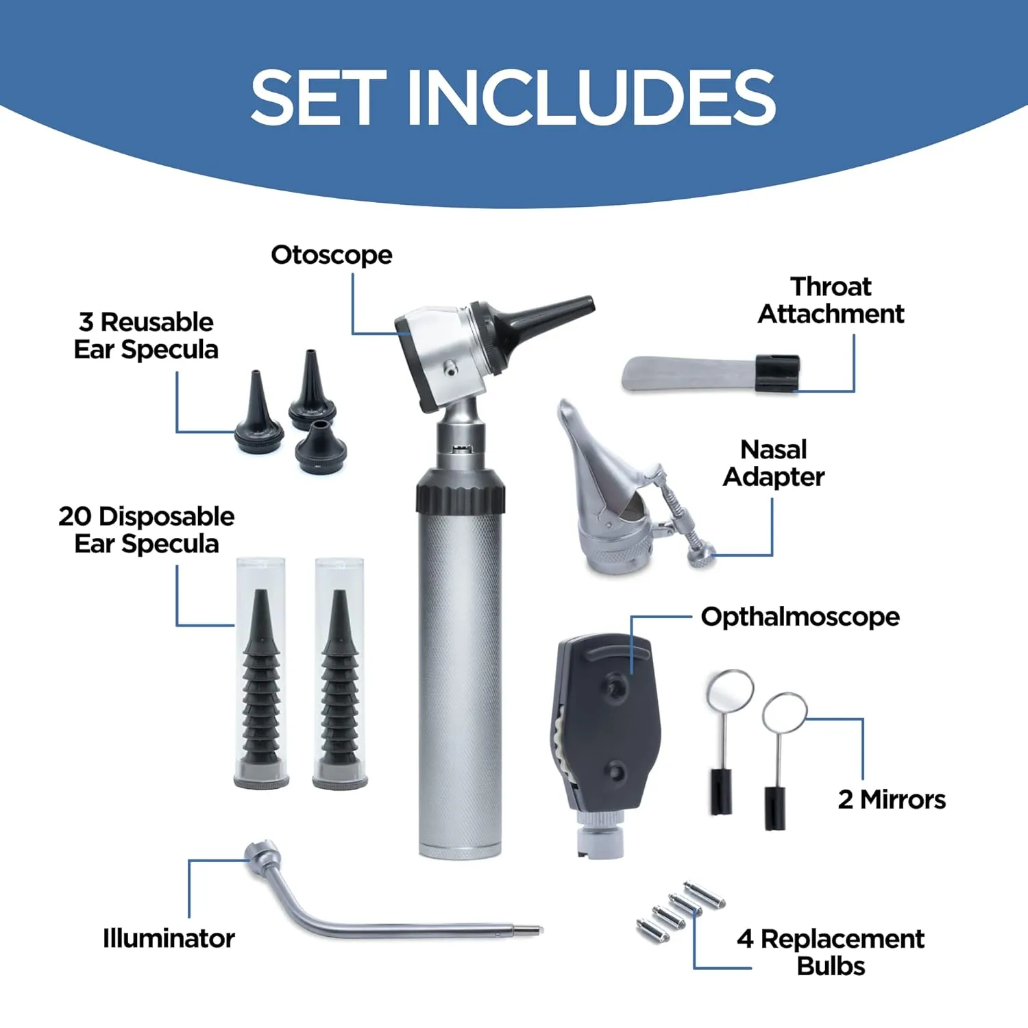 Zyrev Otoscope Oph Diagnostic Set - 36 Piece Medical and Nursing Student Otoscope/Opthalmoscope Diagnostic Kit - with Leather Case for Educational and Professional Settings (Regular)